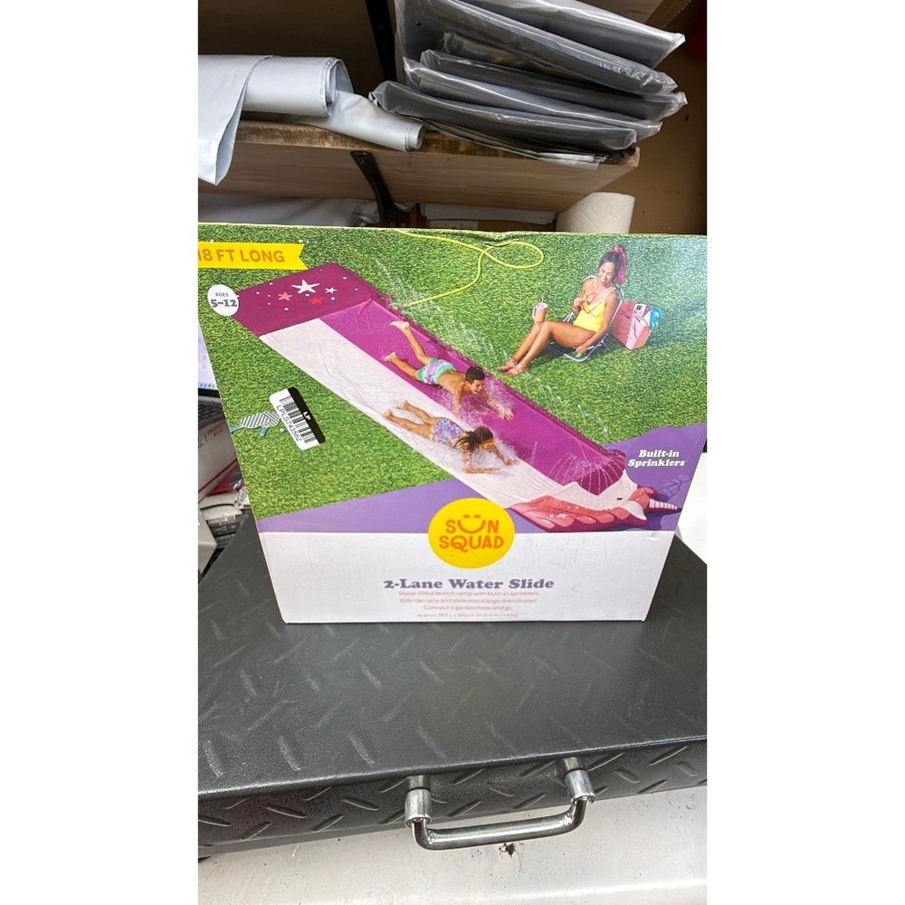 Sun Squad 2-Lane Water Slide 18ft Long Purple Slip and Slide Built-in Sprinklers